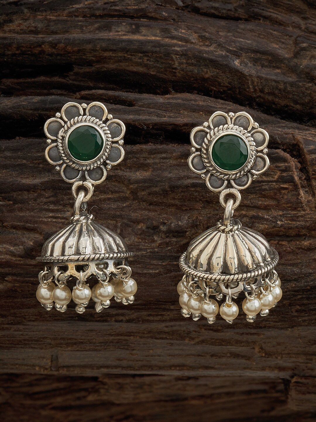 

Kushal's Fashion Jewellery Rhodium Plated CZ Studded Classic Jhumkas, Green