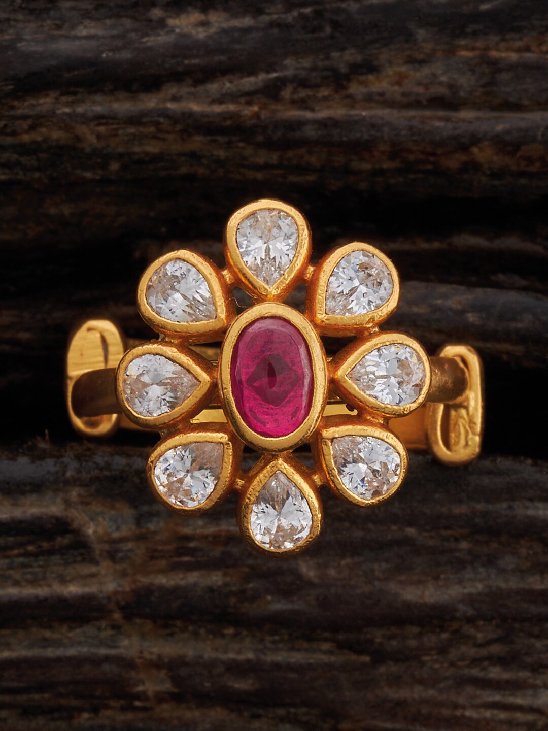 

Kushal's Fashion Jewellery Ruby Stone Studded 92.5 Pure Silver Temple Finger Ring, Gold