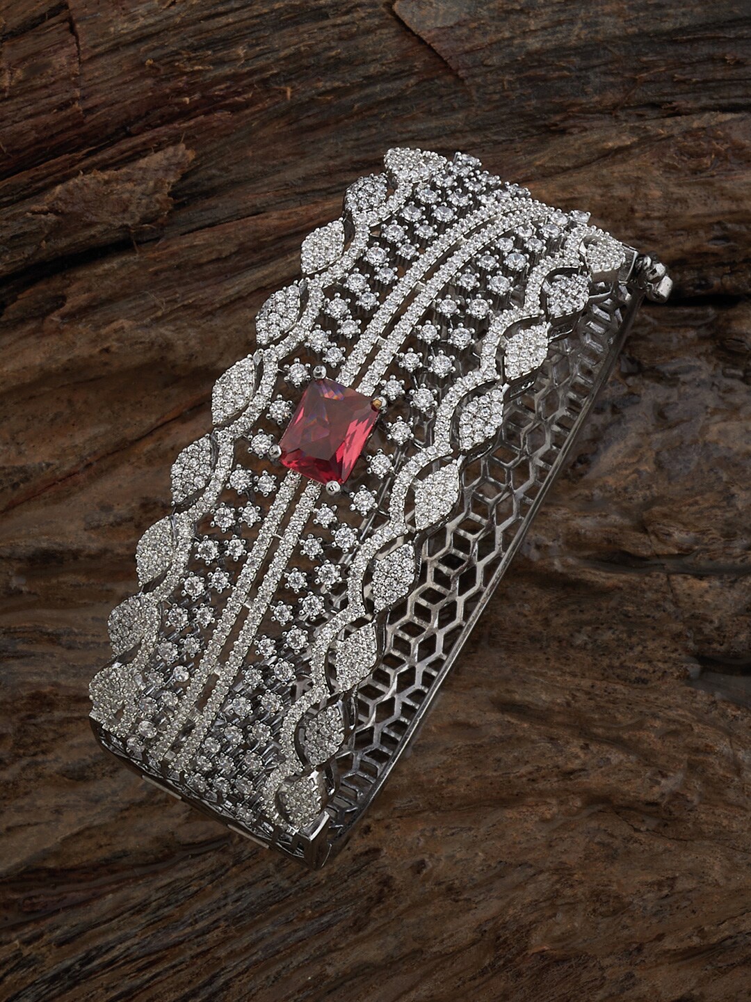 

Kushal's Fashion Jewellery Cubic Zirconia Rhodium-Plated Kada Bracelet, Silver