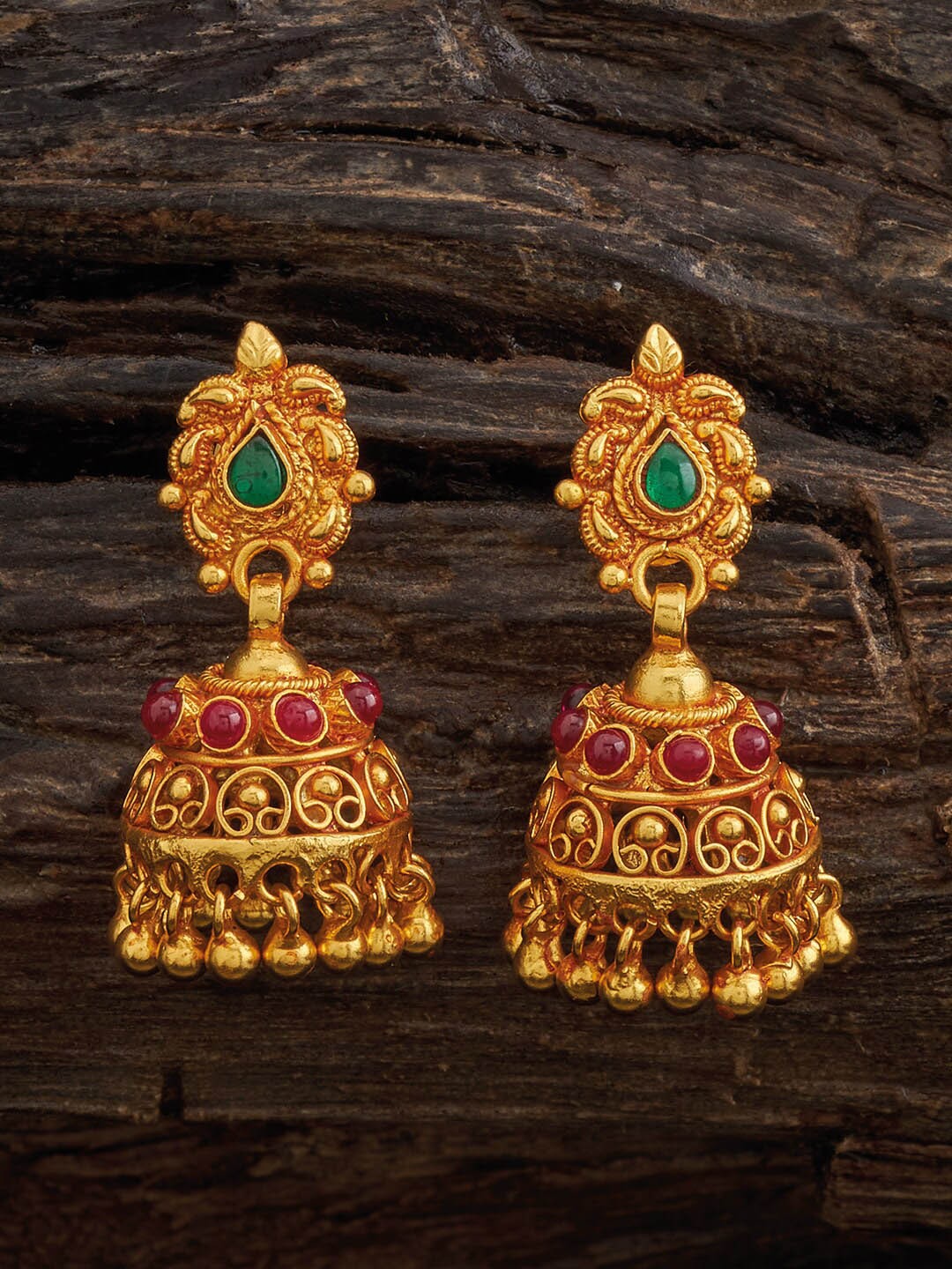 

Kushal's Fashion Jewellery 92.5 Silver Gold-Plated Stones Studded Dome Shaped Jhumkas