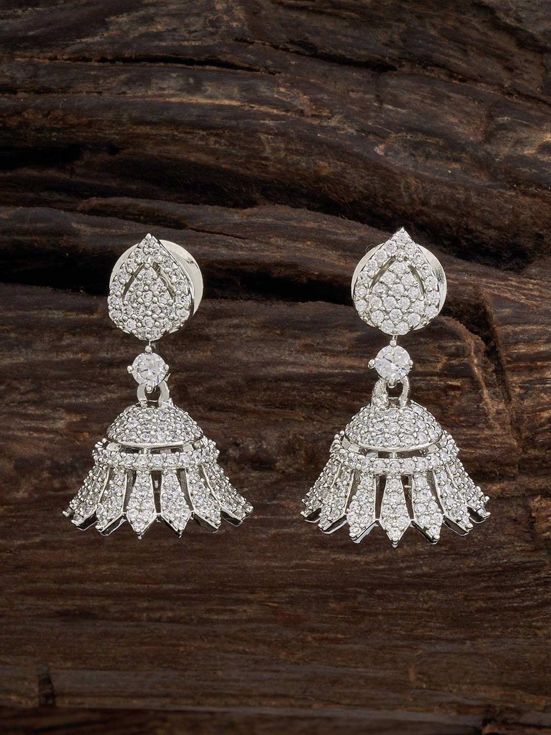 

Kushal's Fashion Jewellery Rhodium-Plated Cubic Zirconia Studded Classic Jhumkas, Silver