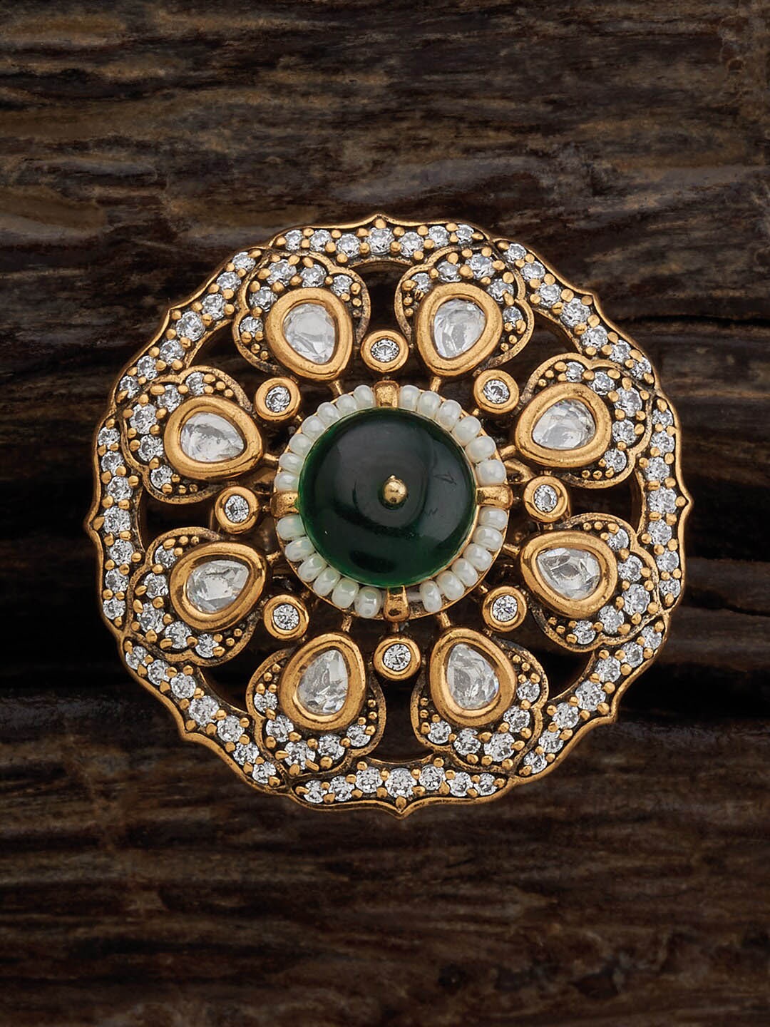 

Kushal's Fashion Jewellery Kundan-Stone Studded Floral Statement Finger Ring, Gold