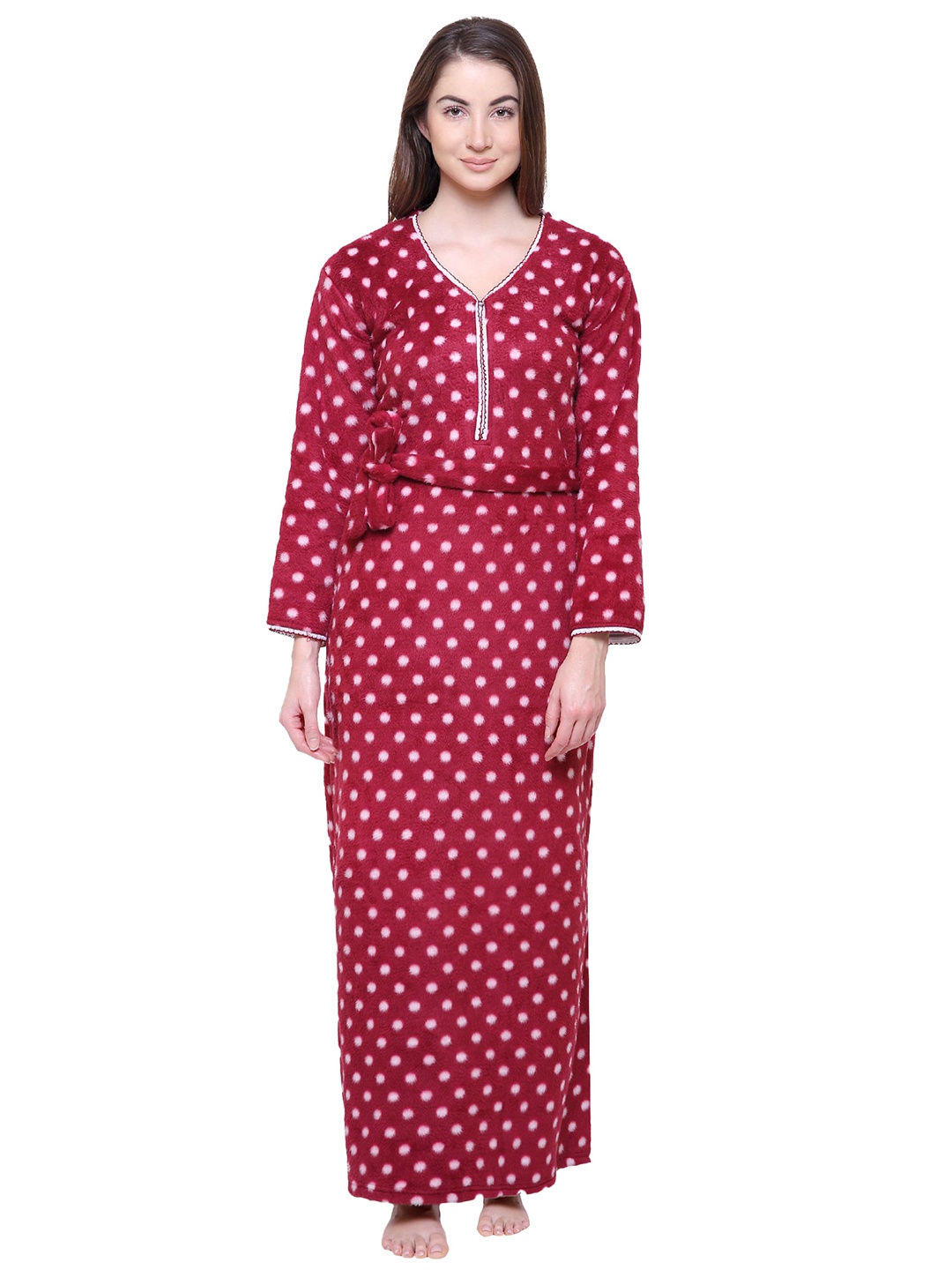 

Secret Wish Polka Dots Printed Woollen Maxi Nightdress, Maroon