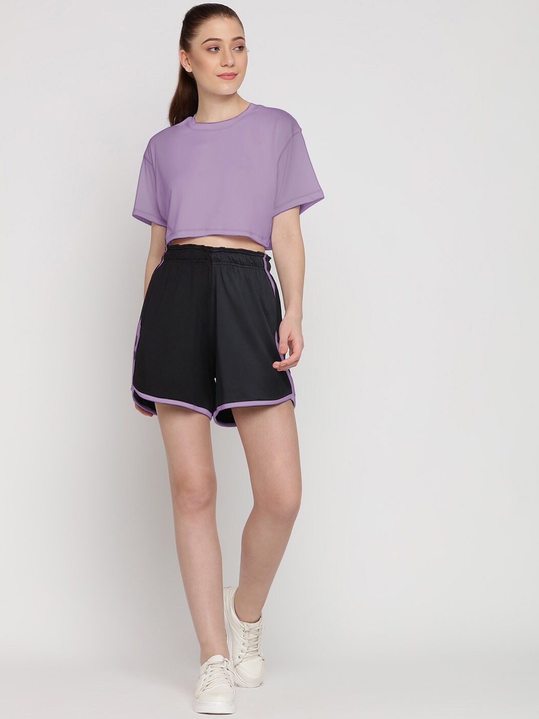 

Wearjukebox Drop Shoulder Crop Top With Shorts, Purple