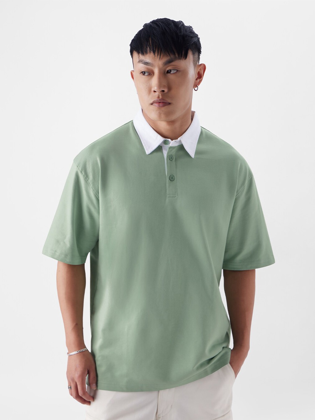 

The Souled Store Polo Collar Drop Shoulder Sleeves Oversized Cotton T-shirt, Green