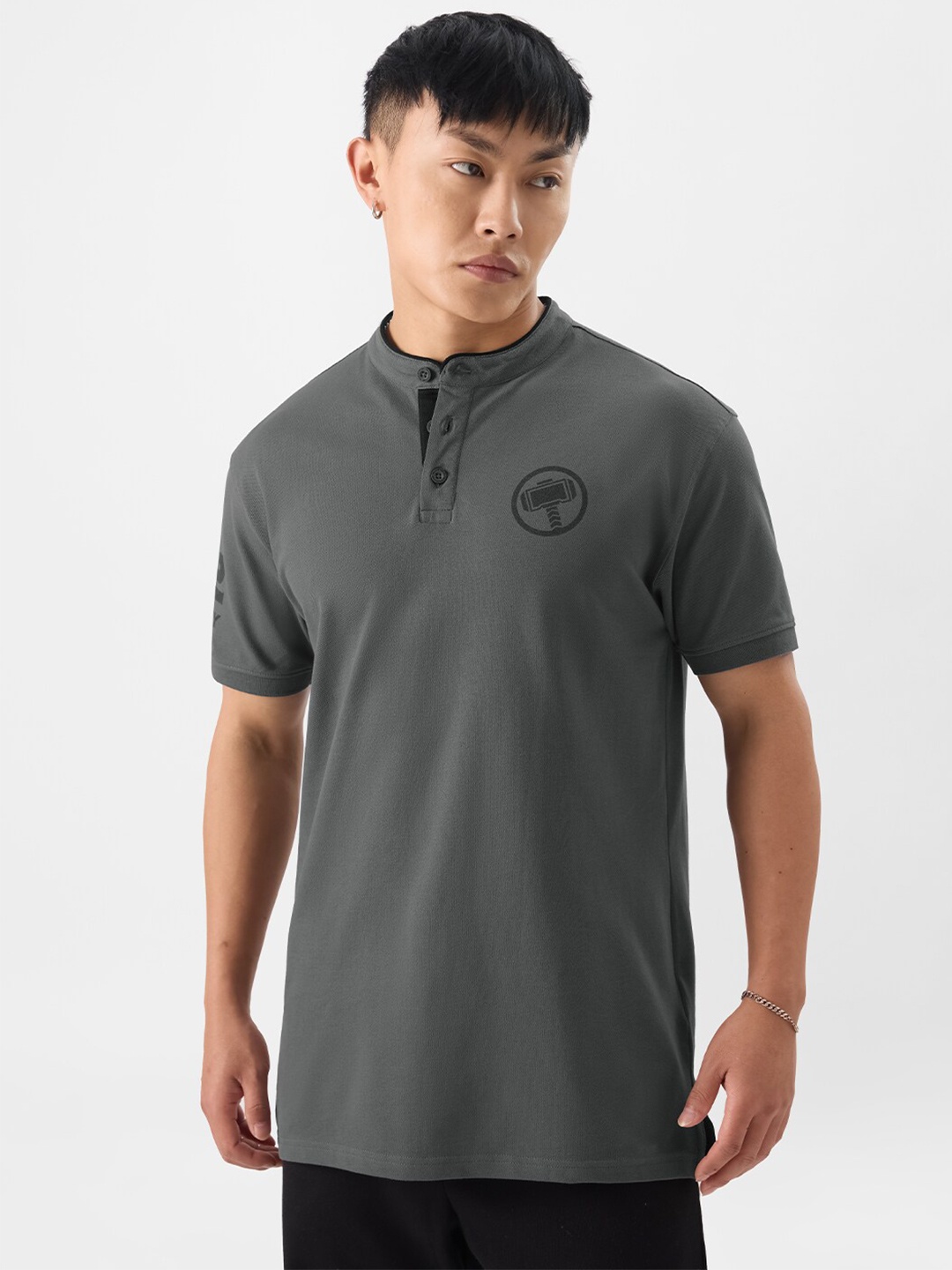 

The Souled Store Thor Printed Mandarin Collar Cotton T-shirt, Grey