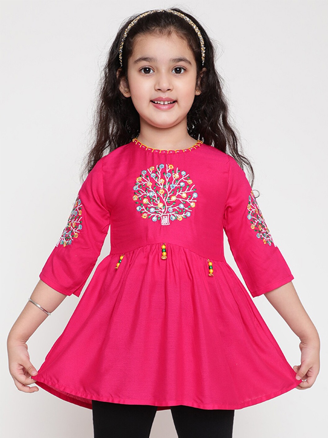

BAESD Girls Floral Embroidered A-Line Kurtis, Pink