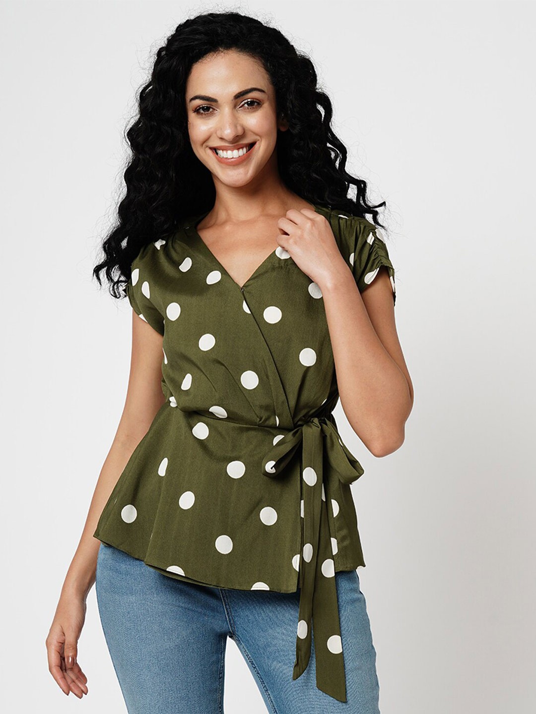 

Vero Moda Polka Dot Printed Extended Sleeves Blouson Top, Green