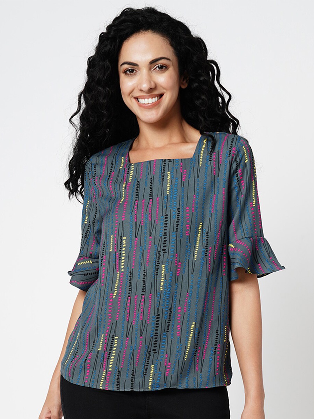 

Vero Moda Abstract Printed Square Neck Blouson Top, Grey