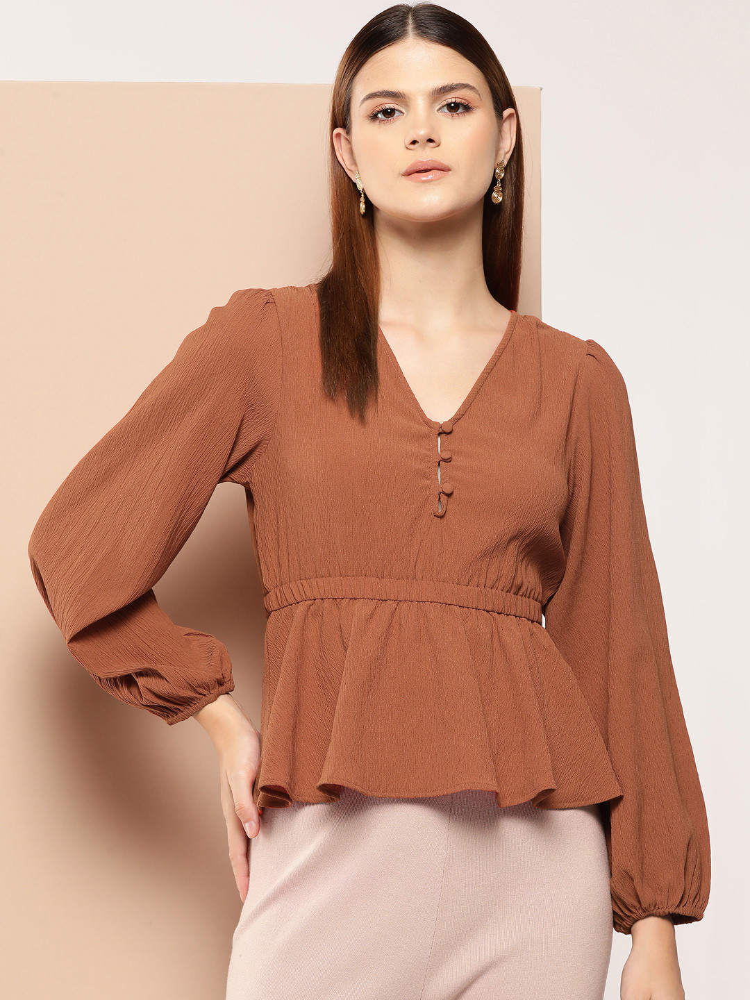 

INVICTUS Puff Sleeve Cinched Waist Top, Brown