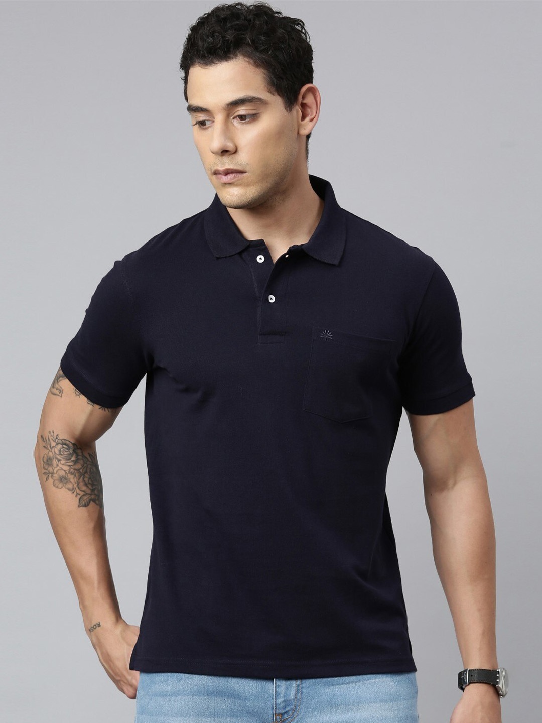 

Chennis Polo Collar Short Sleeves Pure Cotton Slim Fit T-shirt, Navy blue