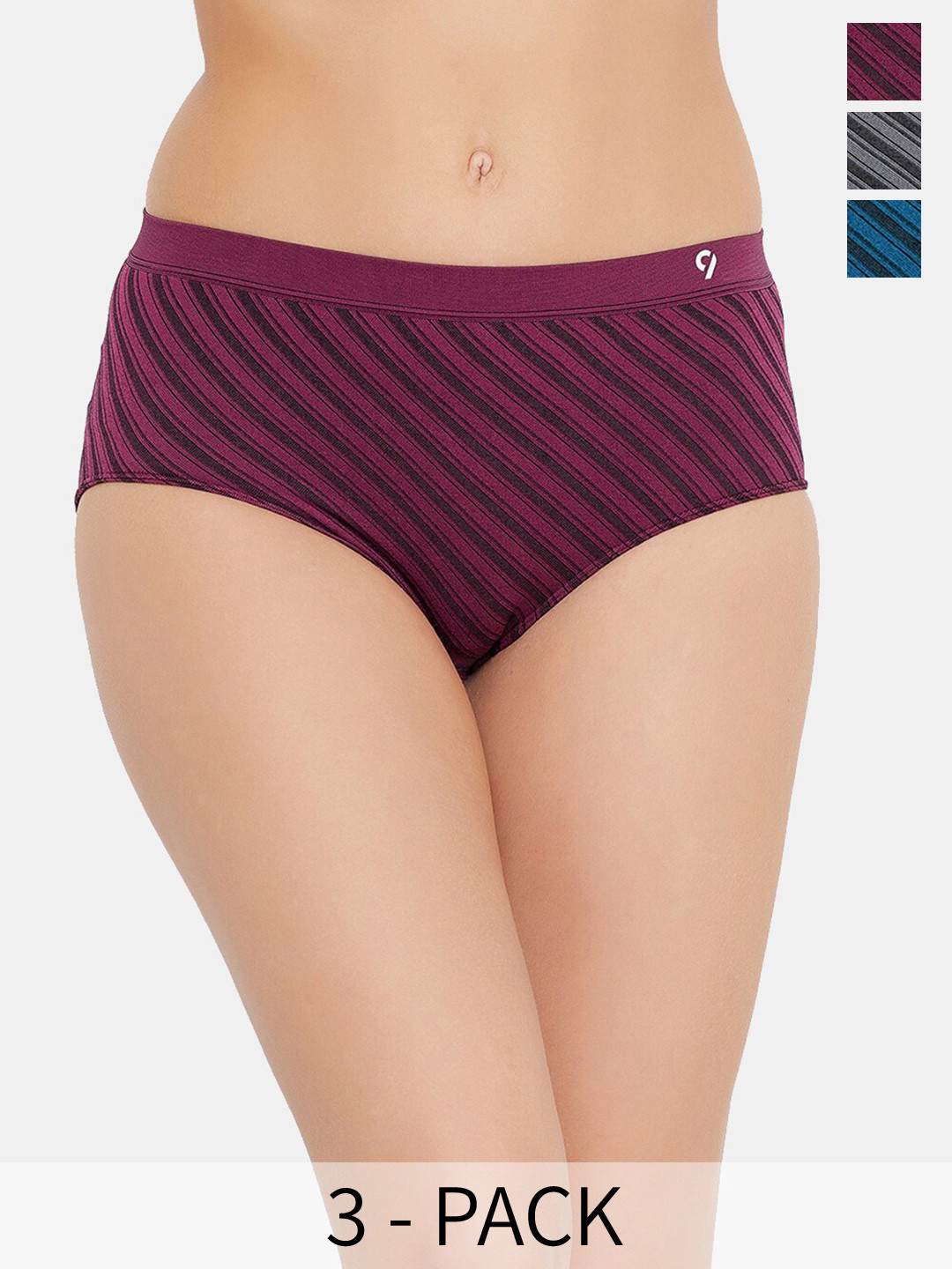 

C9 AIRWEAR Seamless Pack Of 3 Striped Mid-Rise Quick-Dry 4-Way Stretch Hipster Briefs, Grey