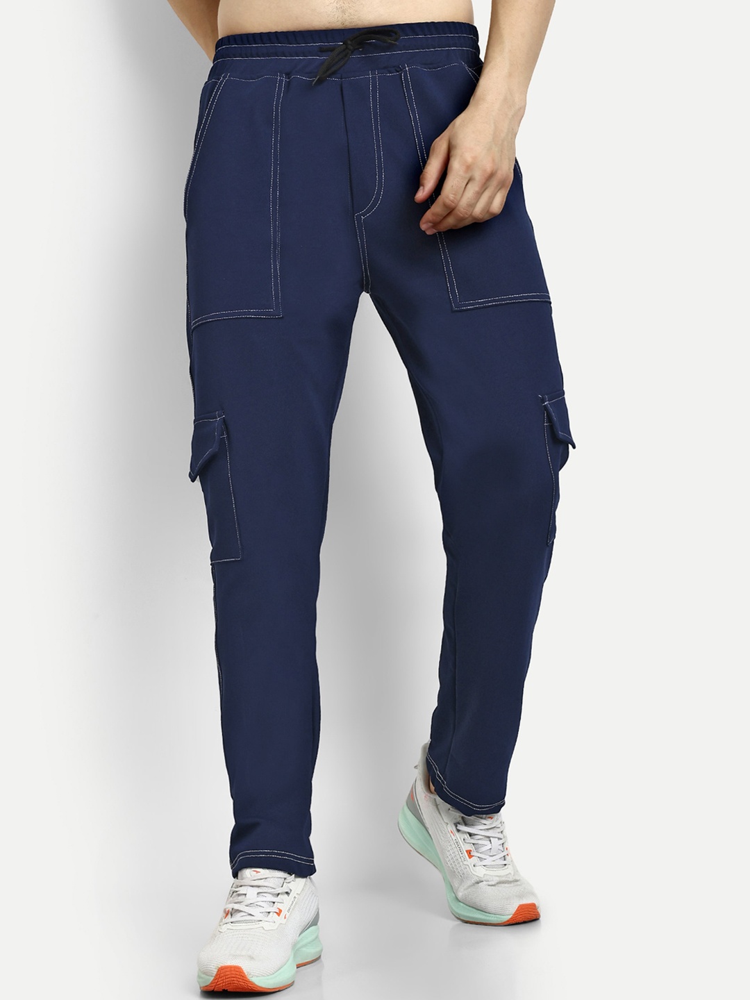 

KRAASA Men Mid-Rise Wrinkle Free Cotton Cargos, Navy blue