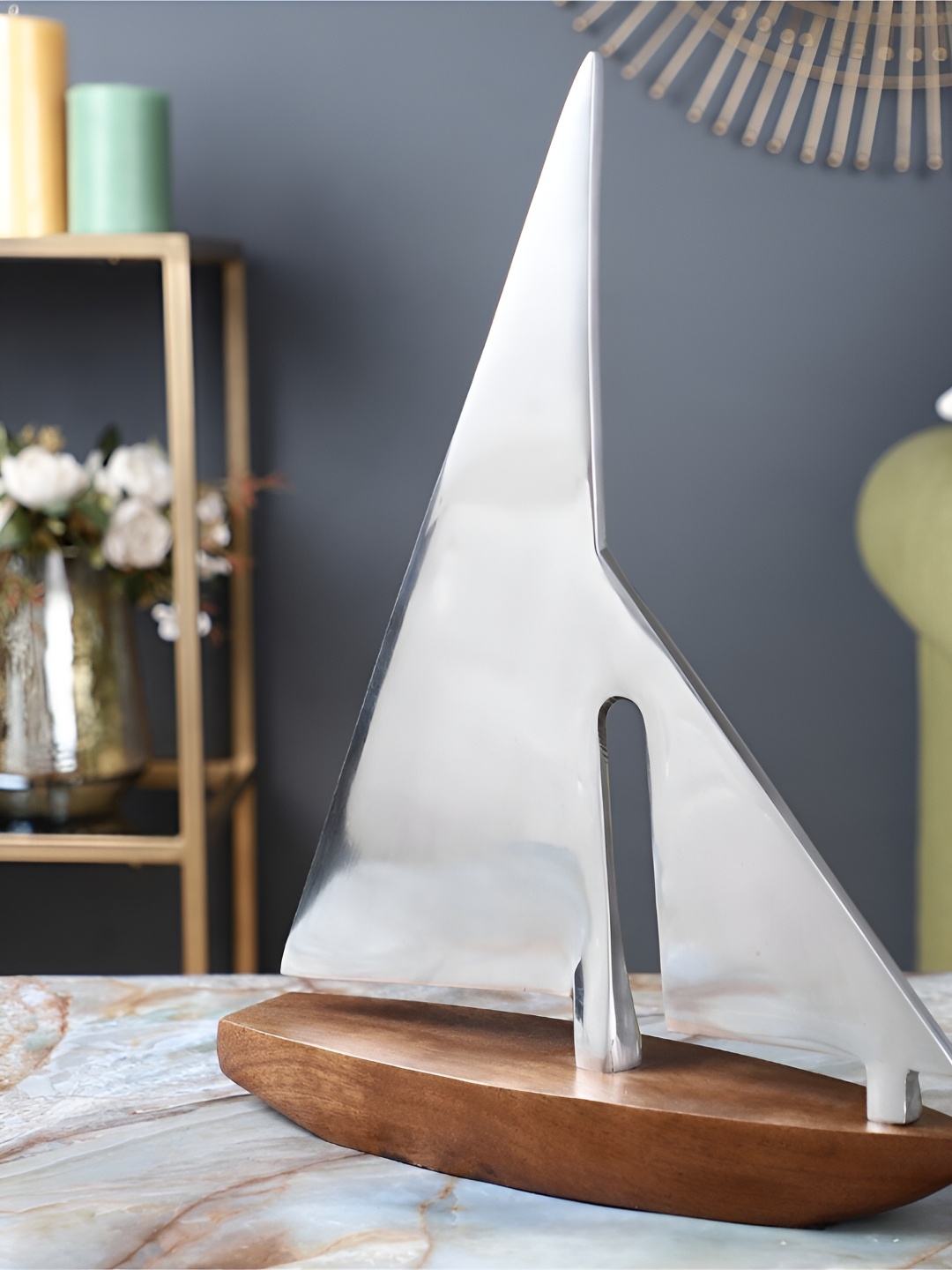 

Decor de Maison Silver Toned The Sail Boat Shesham Wooden Showpiece