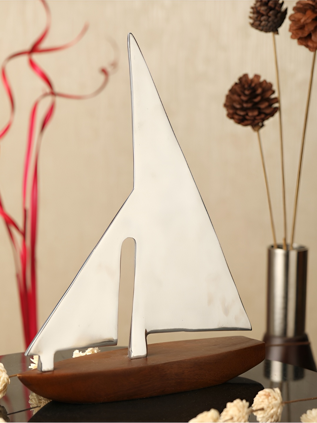 

Decor de Maison Silver Toned Wooden The Sail Boat Medium Showpiece