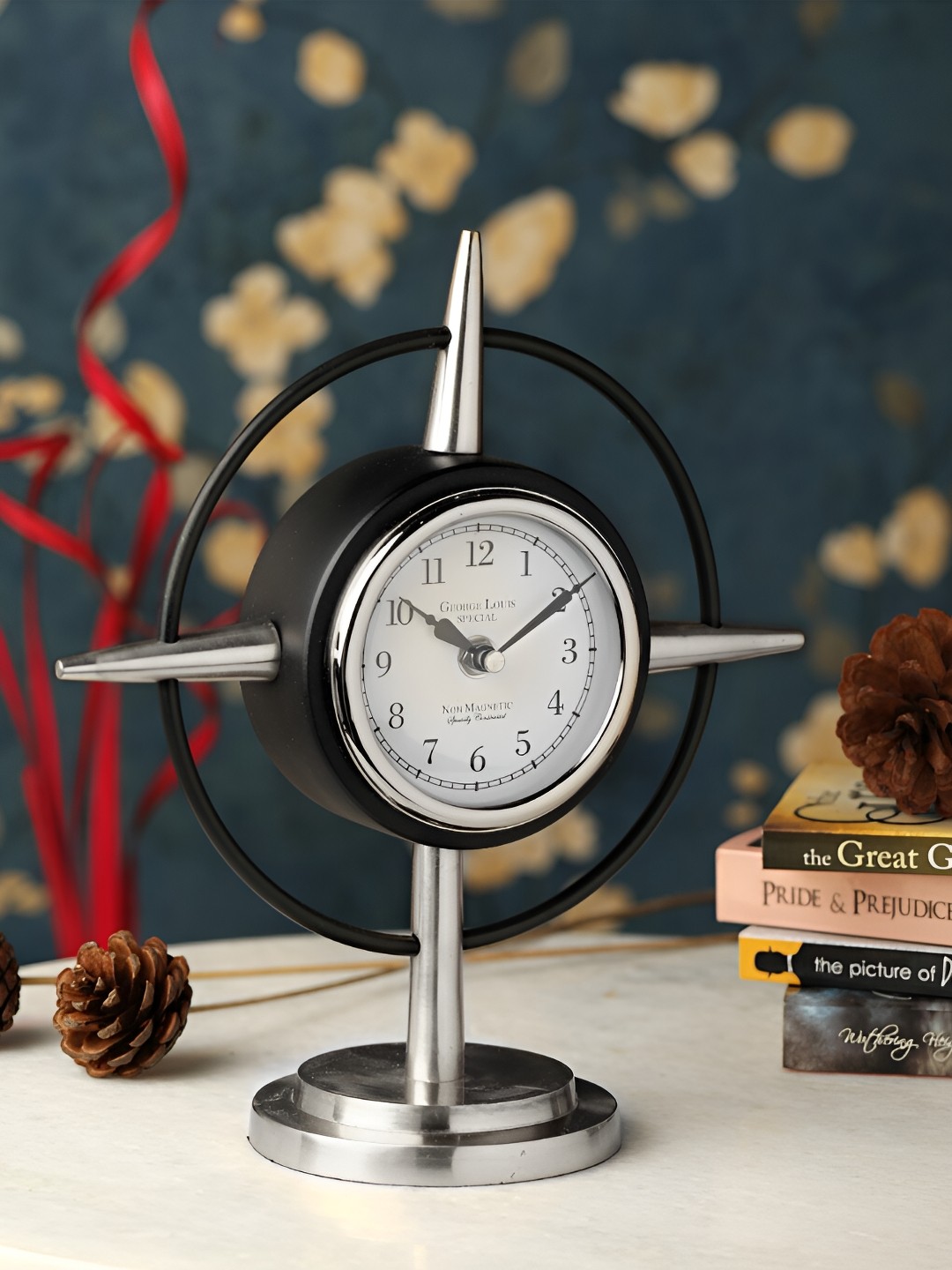 

Decor de Maison Silver Toned & Black Round Contemporary Table Clock