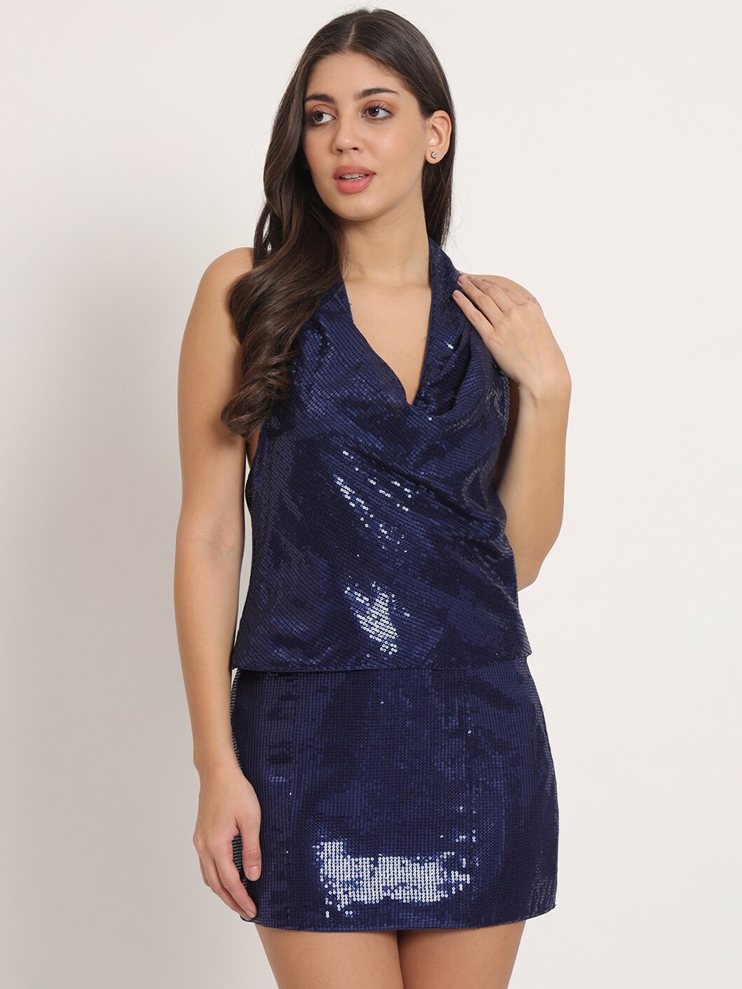 

DEPANO Embellished Halter Neck Sequinned Georgette Top, Blue