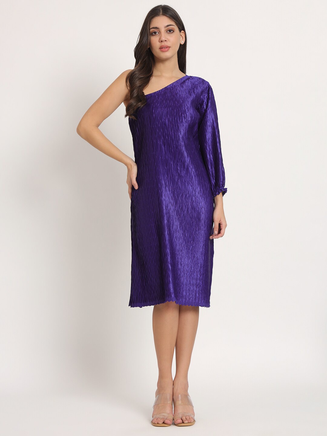

DEPANO Self Design One Shoulder Puffed Sleeve Satin A-Line Dress, Blue