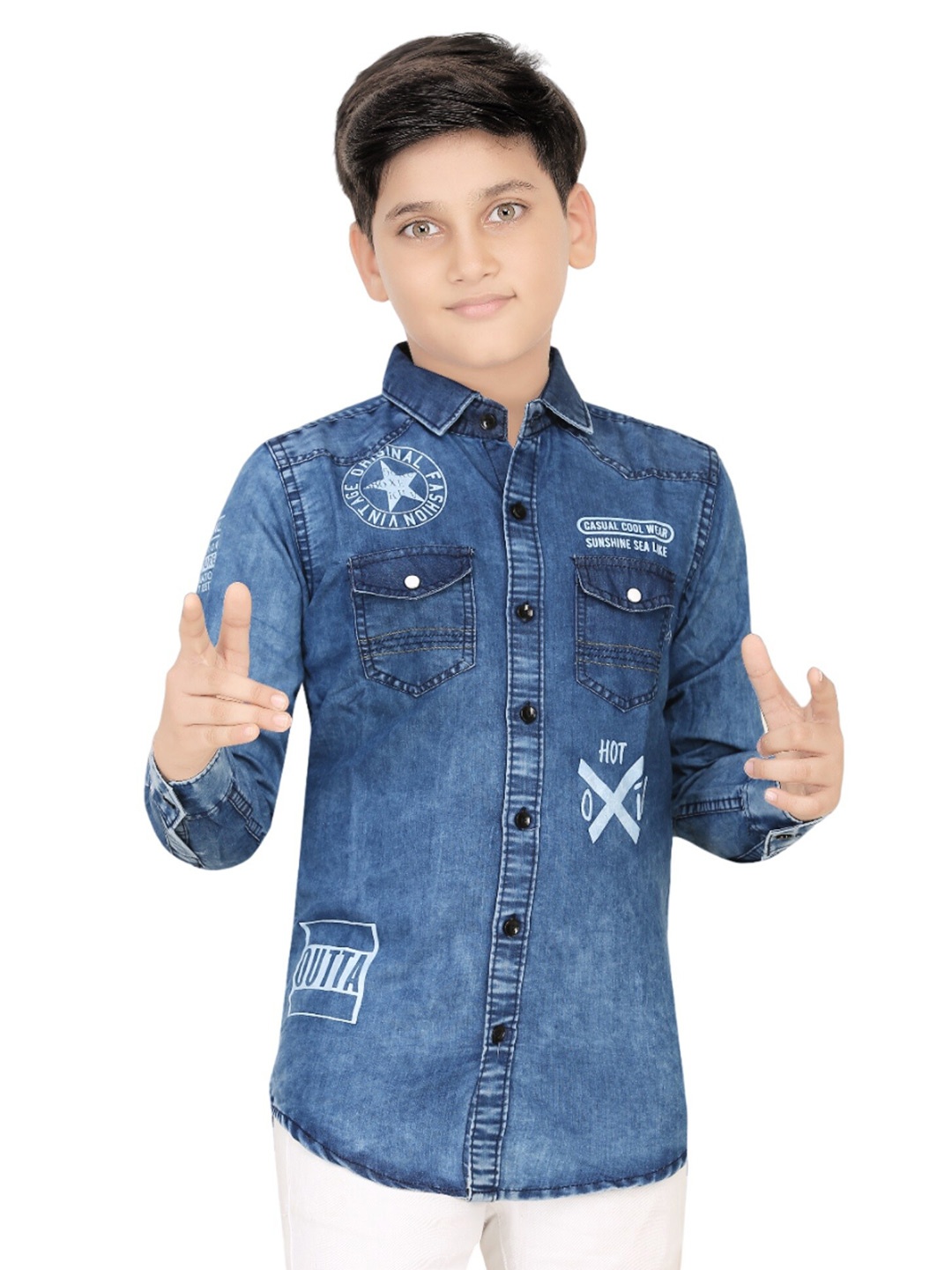 

BAESD Boys India Slim Faded Spread Collar Denim Casual Shirt, Blue