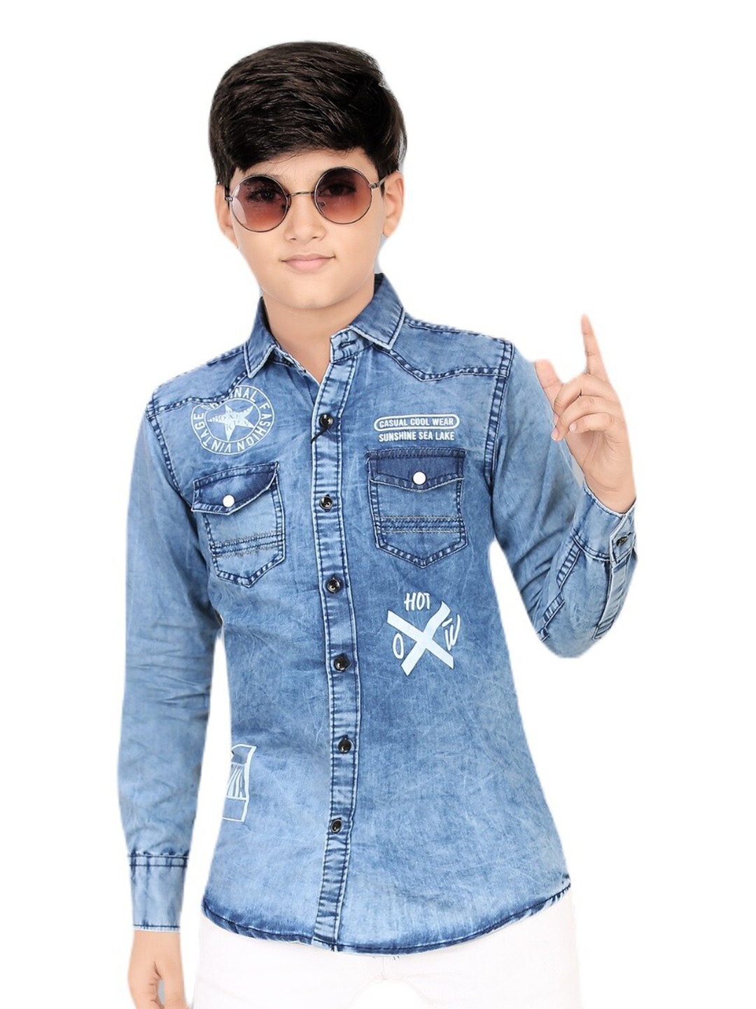 

BAESD Boys India Slim Faded Spread Collar Casual Denim Shirt, Blue