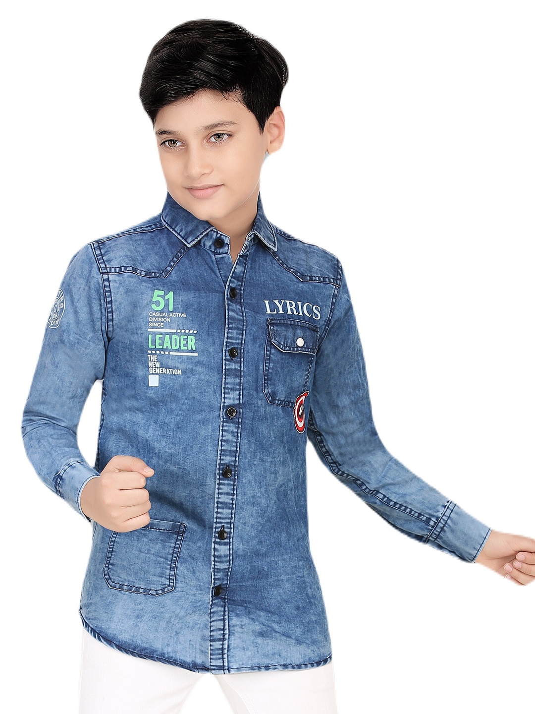 

BAESD Boys India Slim Faded Spread Collar Casual Denim Shirt, Blue