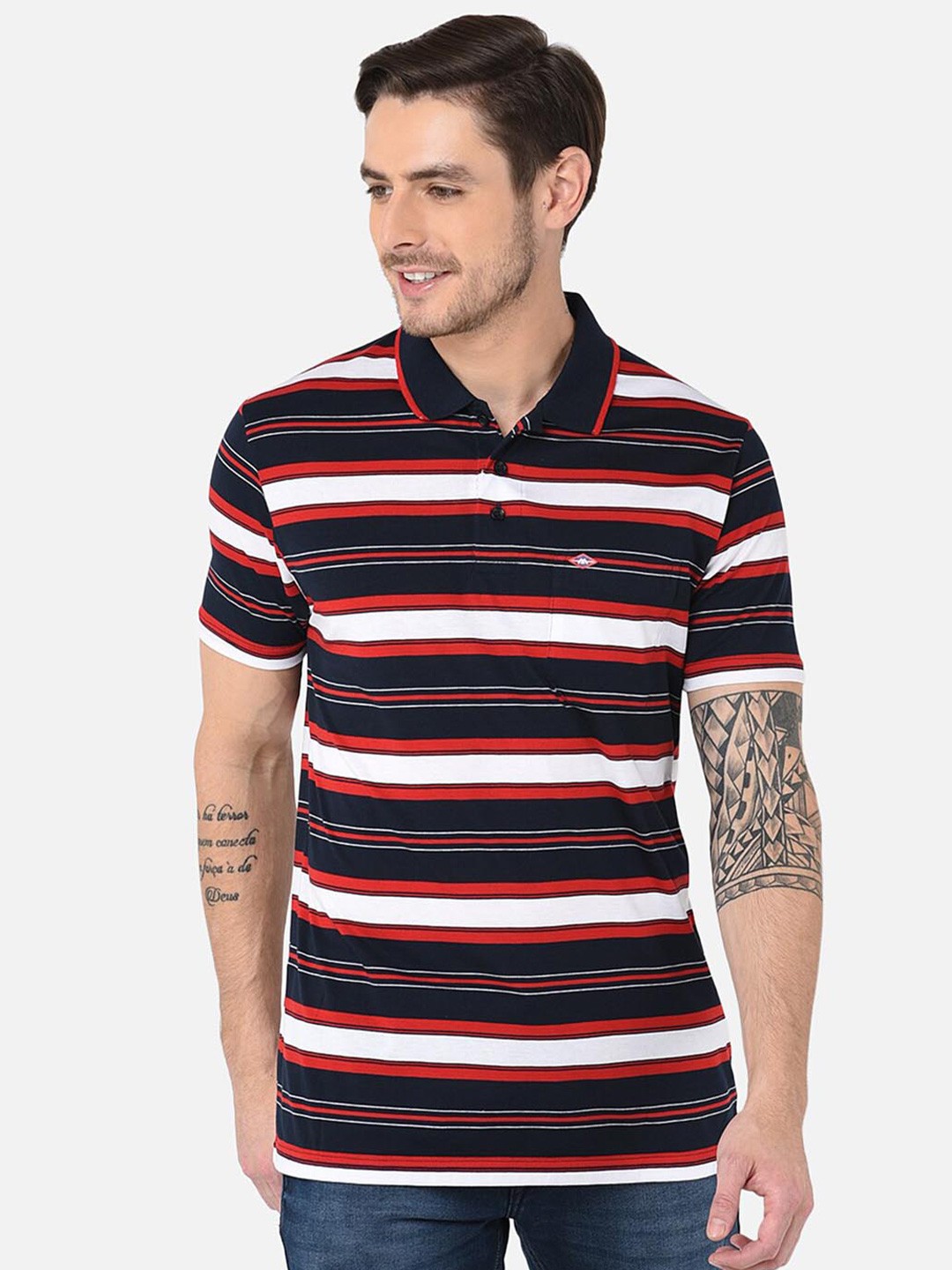 

MOZZO Striped Polo Collar Cotton T-shirt, Navy blue