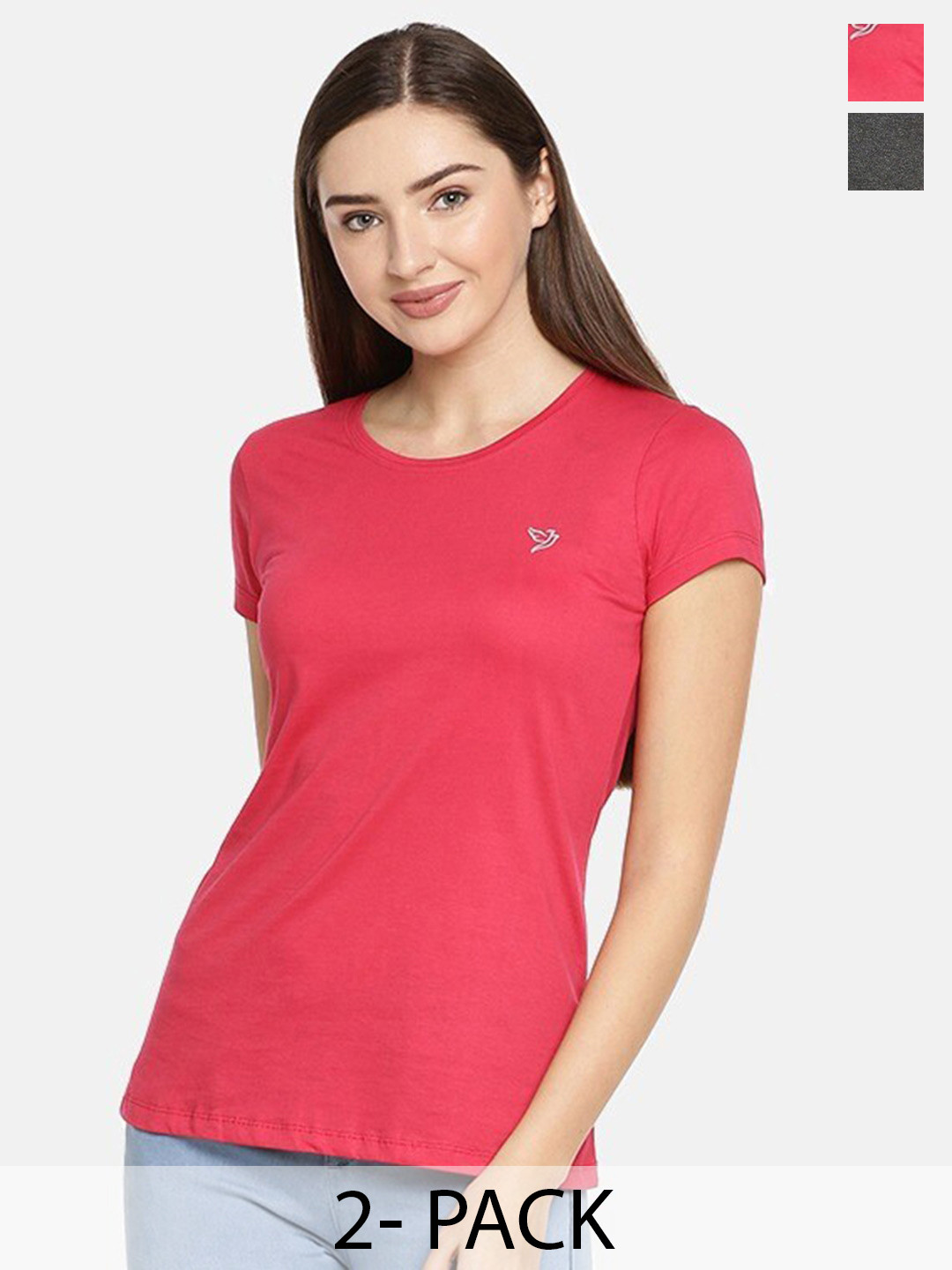 

TWIN BIRDS Pack of 2 Slim Fit Pure Cotton T-shirts, Pink