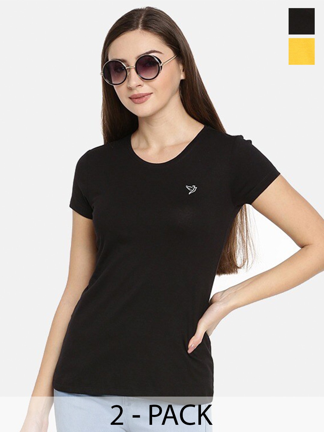 

TWIN BIRDS Pack of 2 Slim Fit Pure Cotton T-shirts, Black
