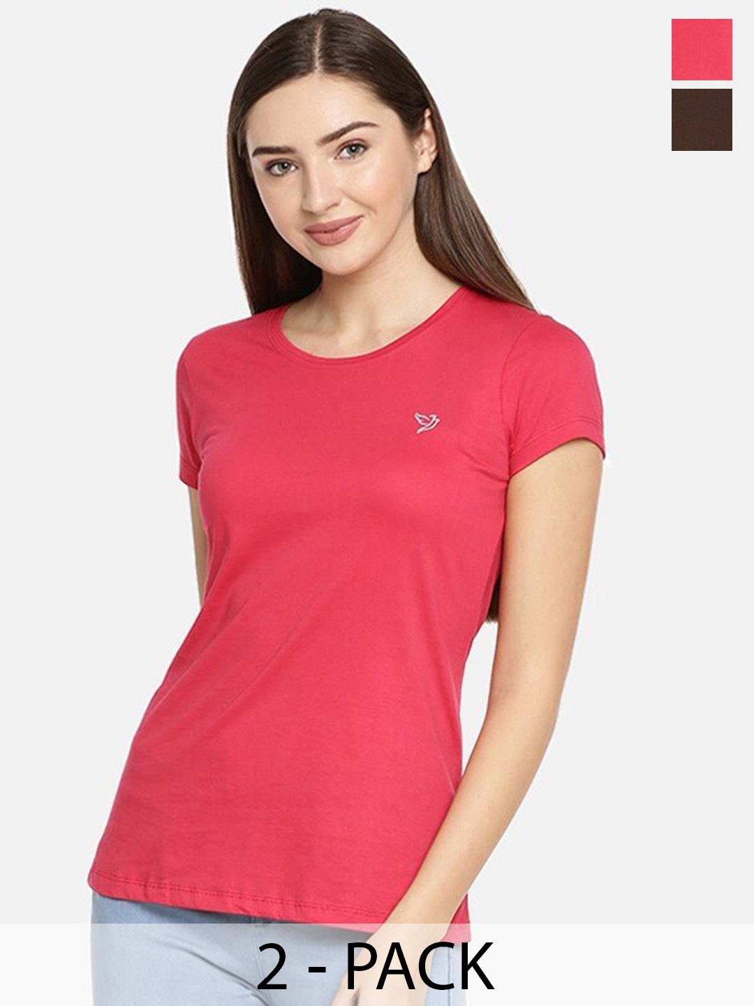 

TWIN BIRDS Pack Of 2 Slim Fit Pure Cotton T-shirt, Pink