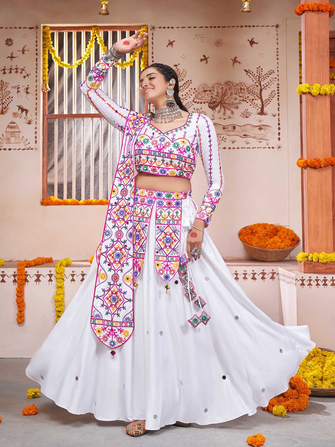 

SHUBHKALA Embroidered Ready To Wear Lehenga & Blouse With Dupatta, White
