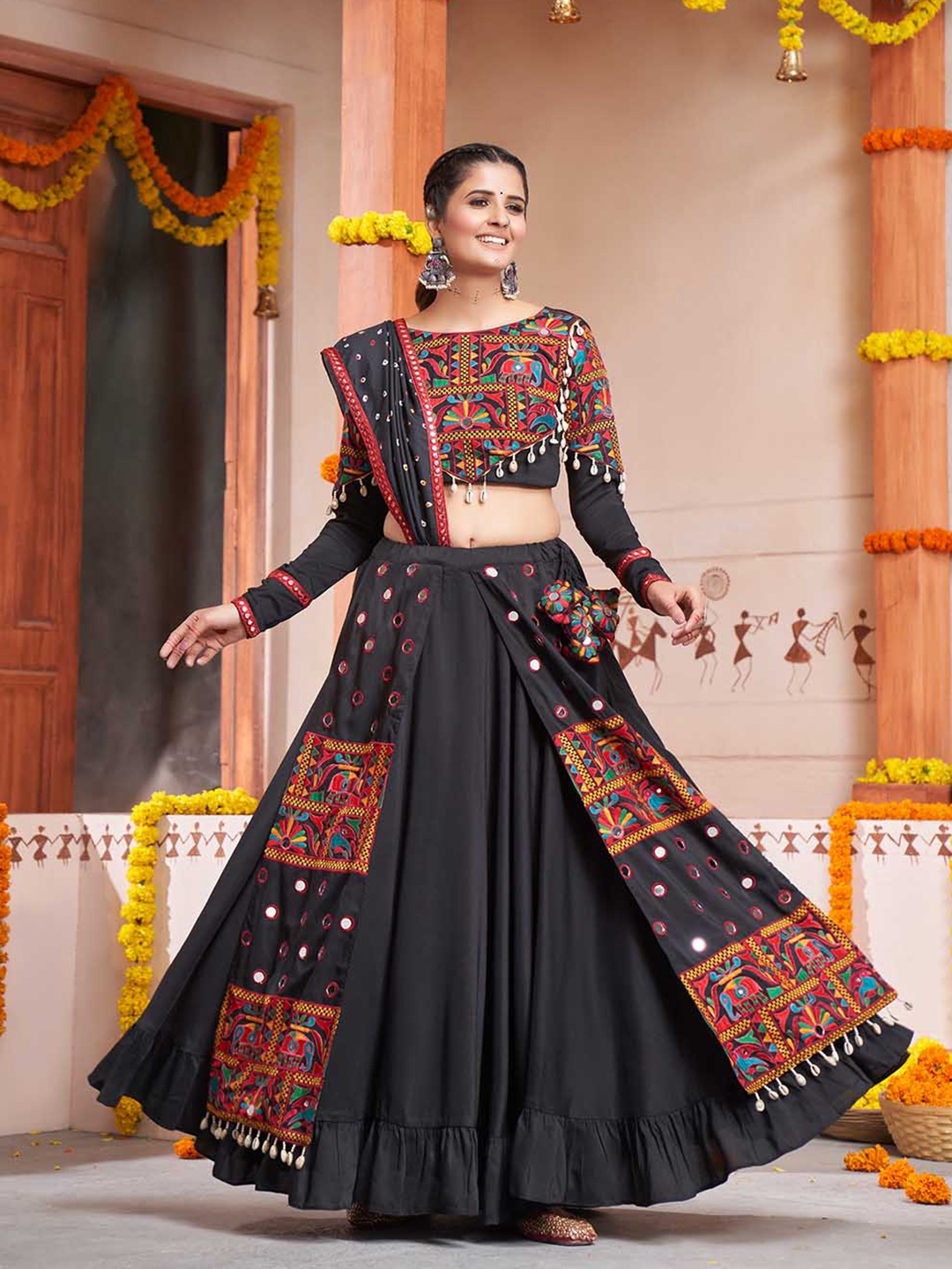 

SHUBHKALA Embroidered Mirror Work Ready To Wear Lehenga & Blouse With Dupatta, Black