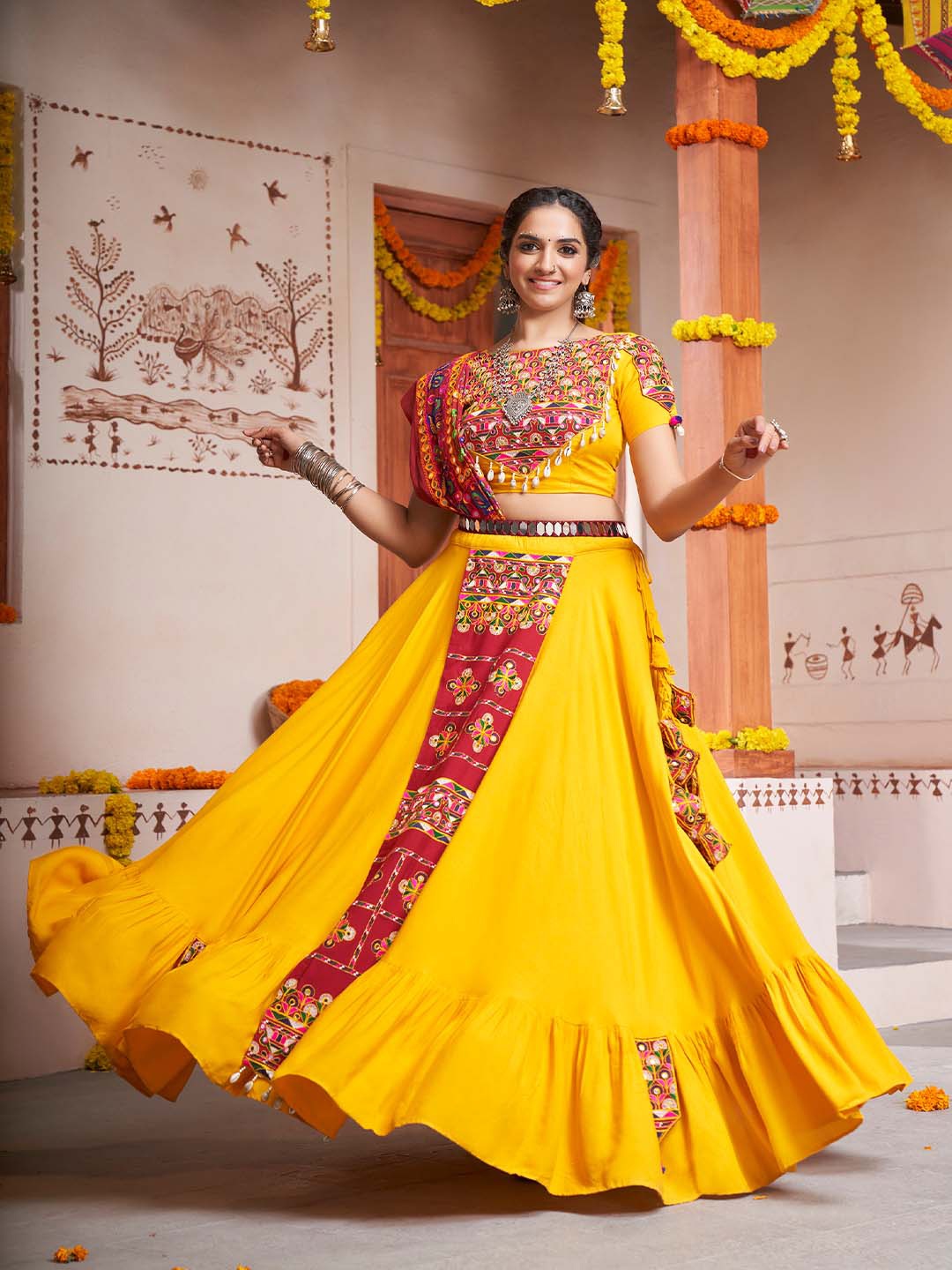 

SHUBHKALA Embroidered Ready To Wear Lehenga & Blouse With Dupatta, Yellow