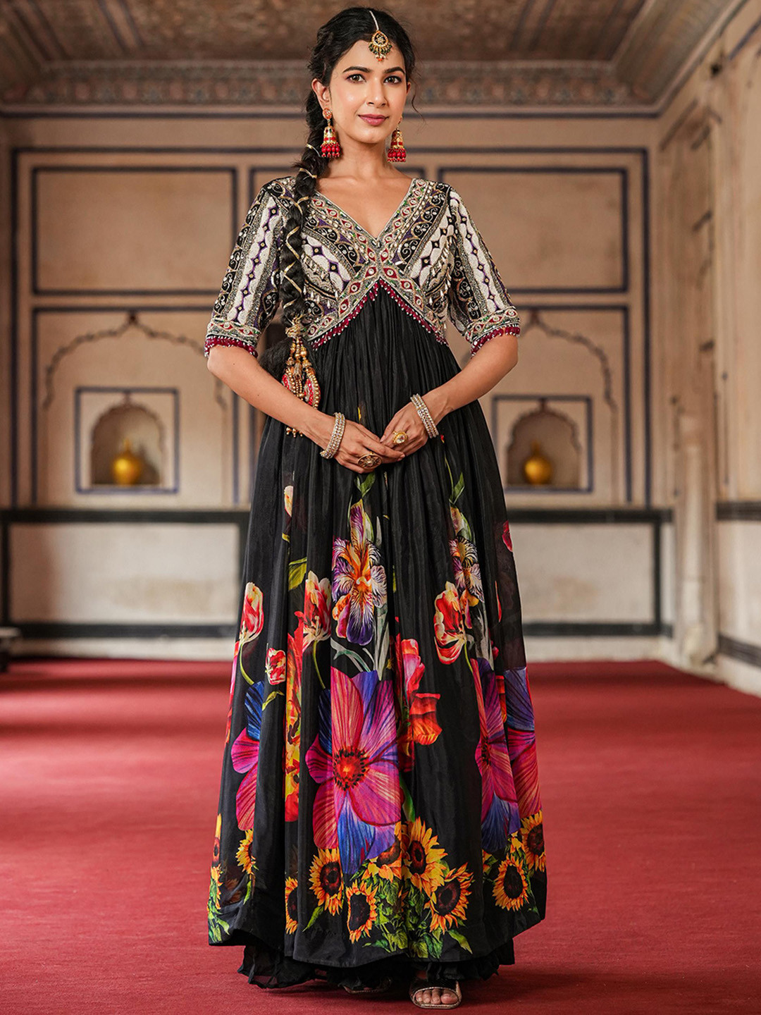 

SCAKHI Floral Embellished Sequinned Gown Maxi Ethnic Dresses, Black