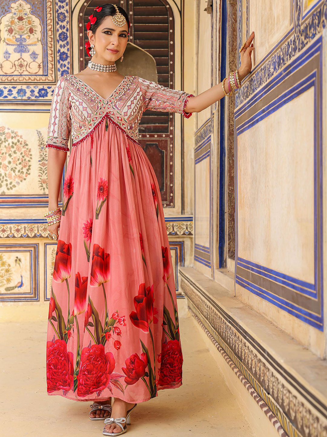 

SCAKHI Floral Embellished Sequinned Empire Maxi Ethnic Dresses, Pink