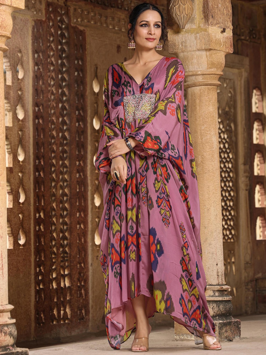 

SCAKHI Ikat Printed Sequinned Kaftan Maxi Ethnic Dresses, Mauve