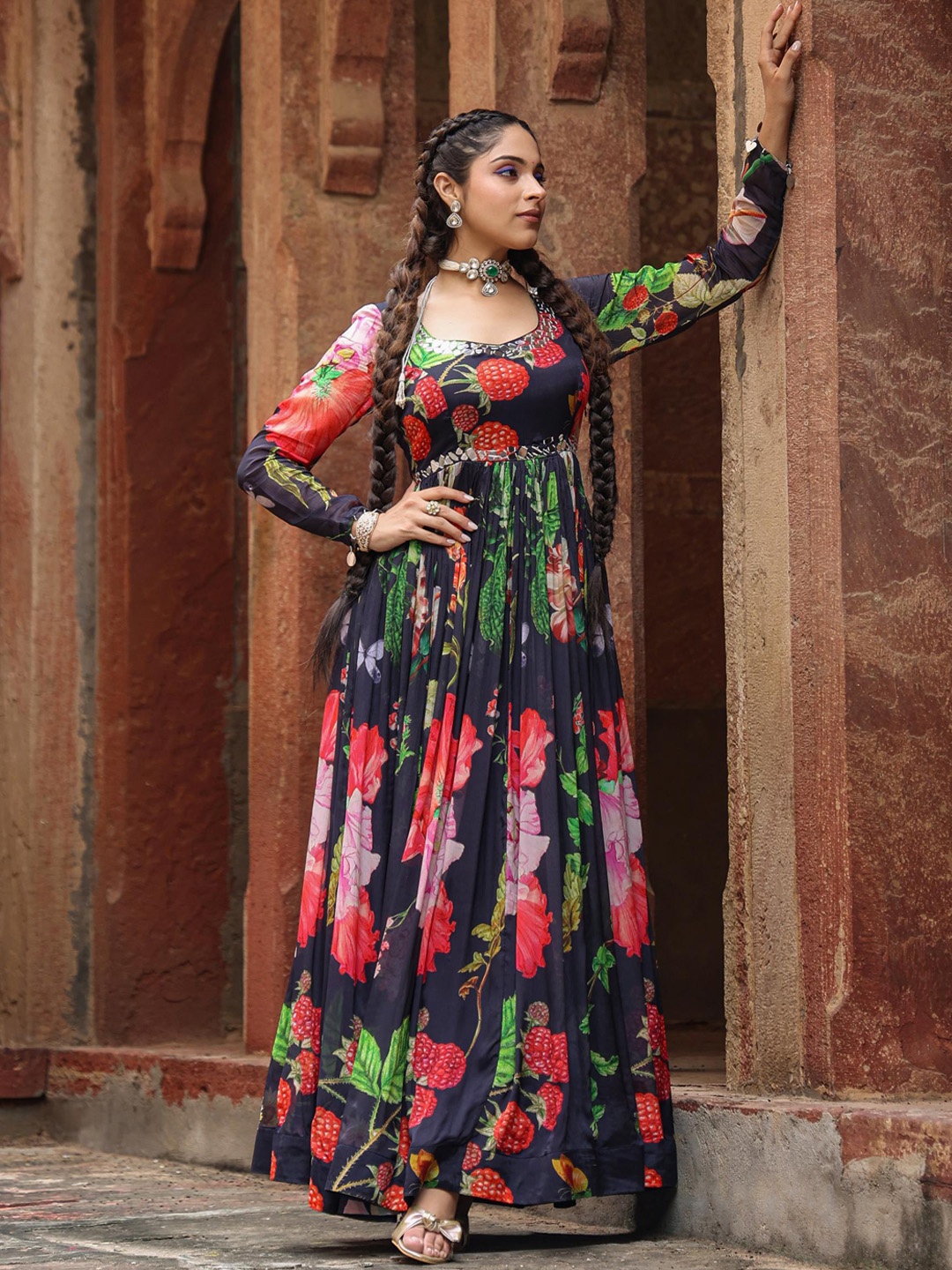 

SCAKHI Floral Printed Mirror Work Gown Maxi Ethnic Dress, Black