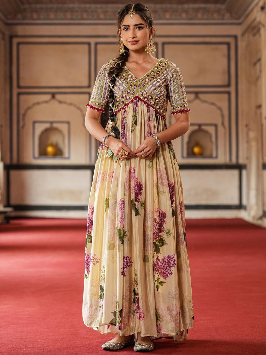 

SCAKHI Floral Printed Gathered Detailed Chinon Silk Empire Ethnic Dress, Beige