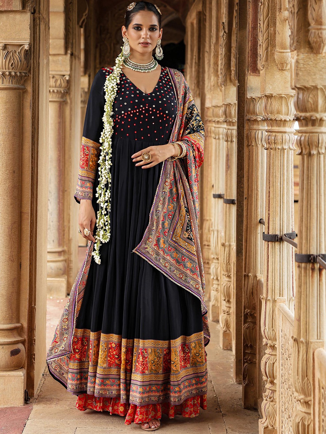 

SCAKHI Embellished Sequinned A Line Maxi Ethnic Dresses With Dupatta, Black