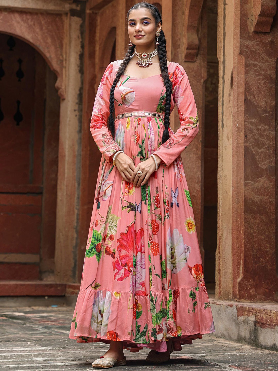 

SCAKHI Floral Printed Gathered Detailed Chinon Silk Maxi Ethnic Dress With Belt, Pink