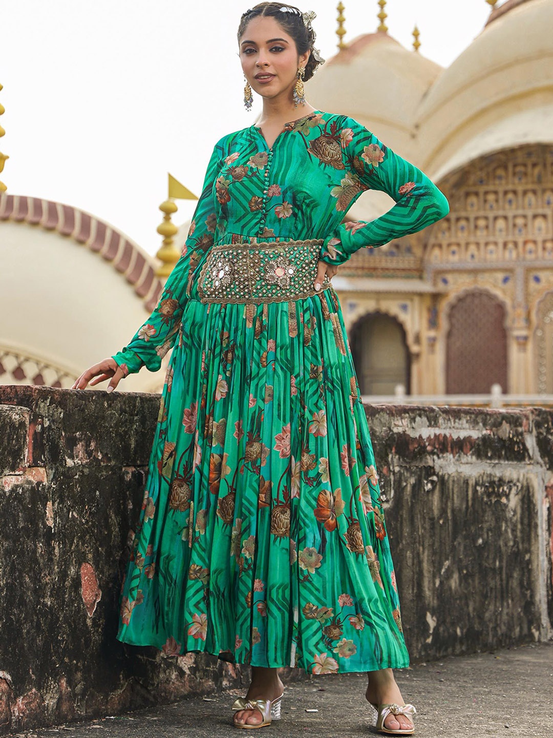 

SCAKHI Floral Printed Gathered Or Pleated Gown Maxi Ethnic Dresses, Green