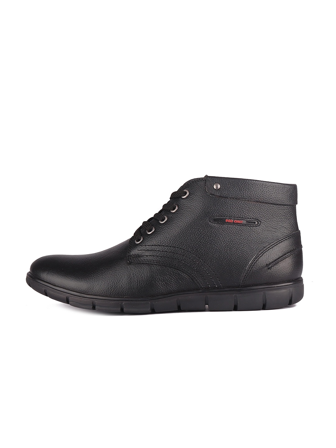 

Red Chief Men Black Solid Leather Mid-Top Flat Boots