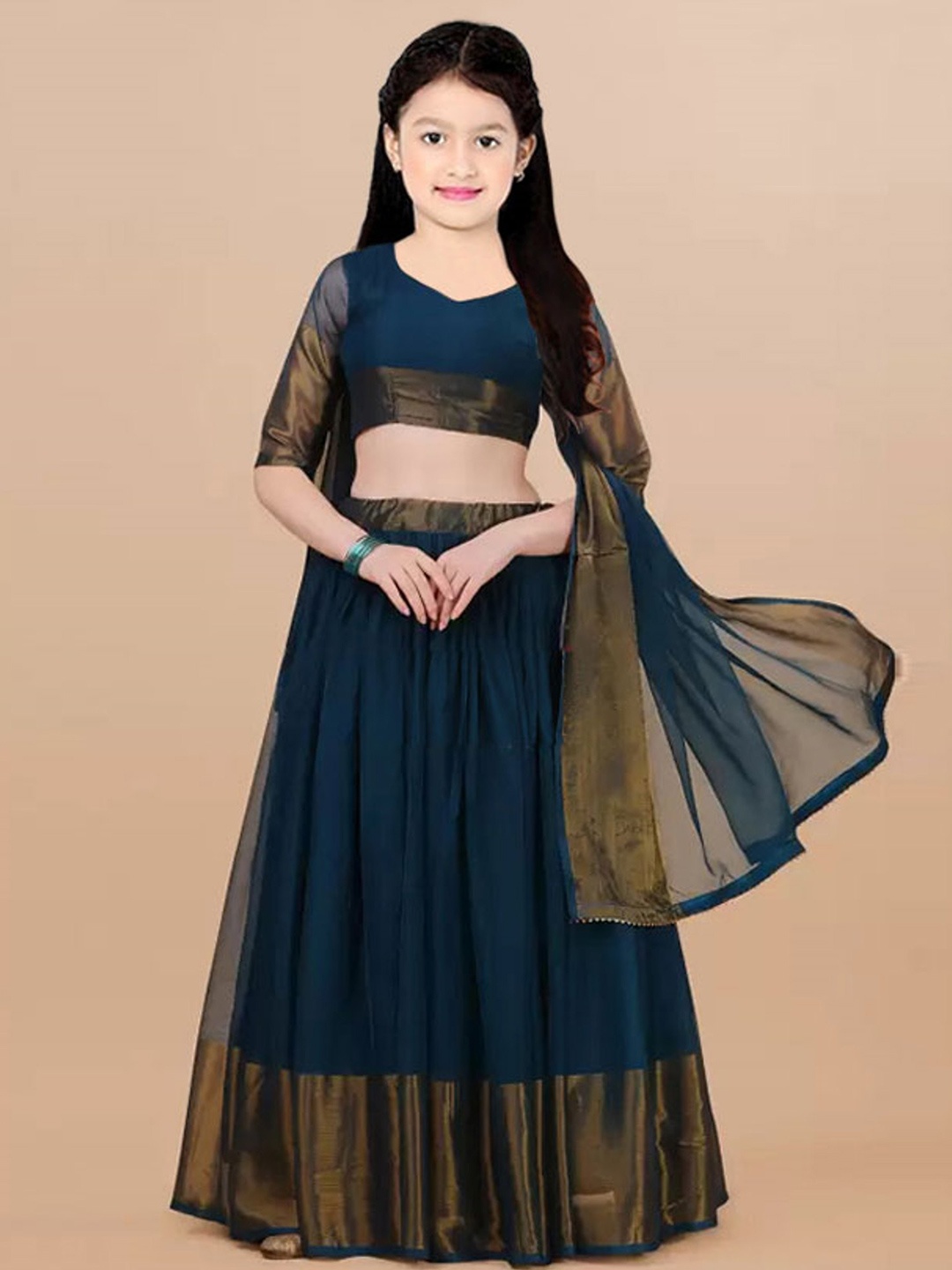 

BAESD Girls Semi-Stitched Lehenga & Unstitched Blouse With Dupatta, Olive