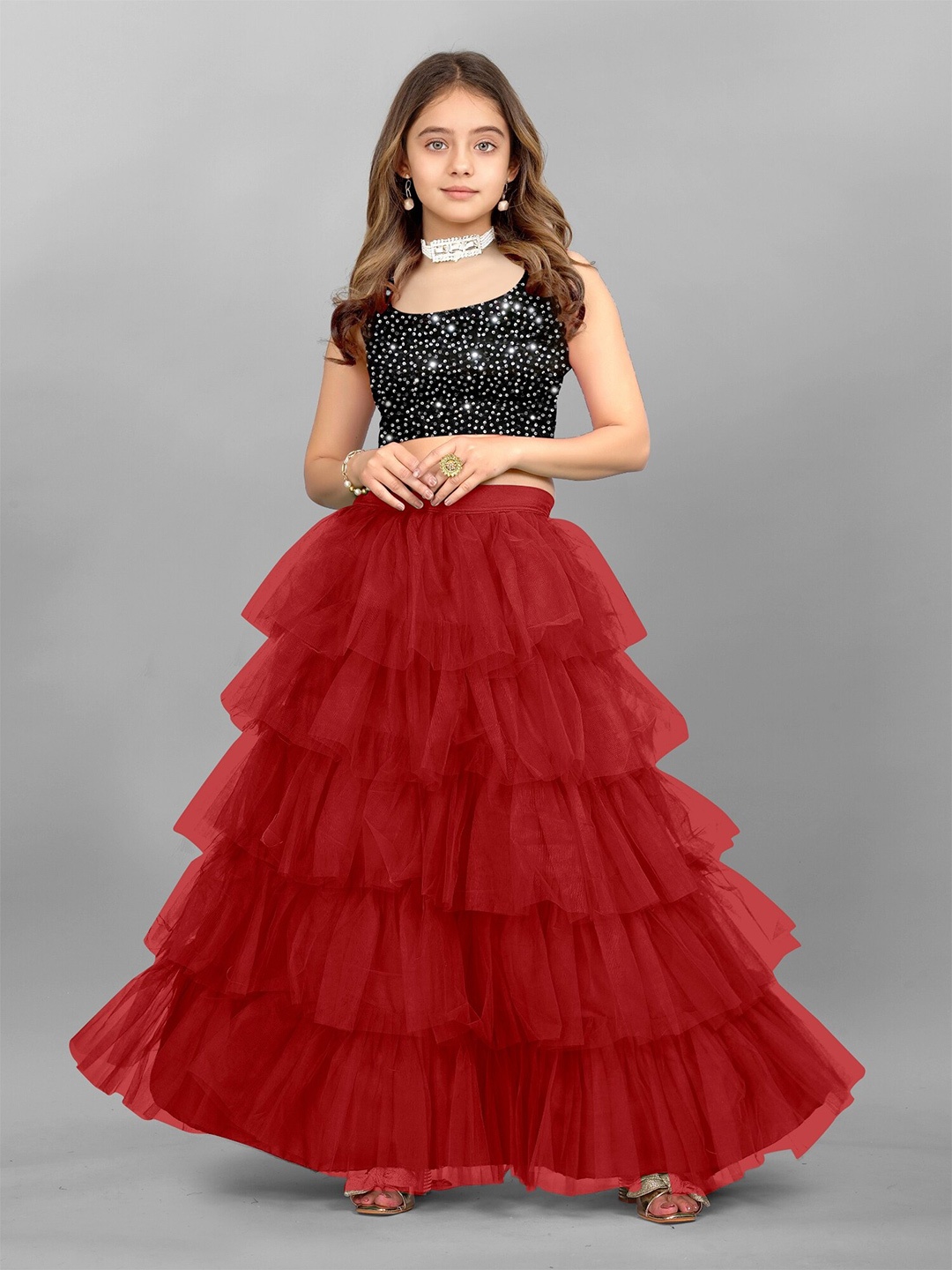 

BAESD Girls Embellished Velvet Semi-Stitched Lehenga & Unstitched Blouse, Red