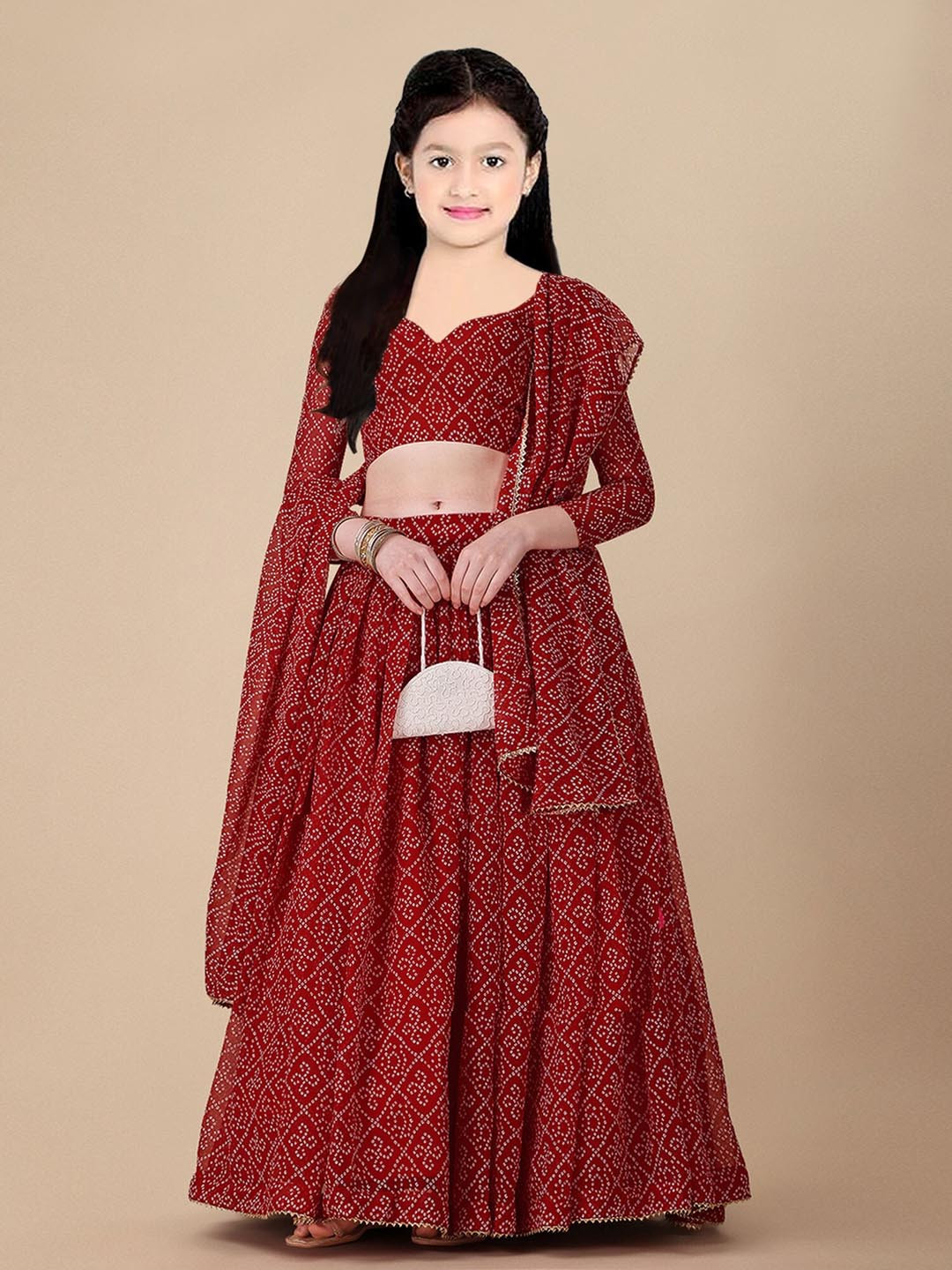 

BAESD Girls Bandhani Printed Semi-Stitched Lehenga & Unstitched Blouse With Dupatta, Red