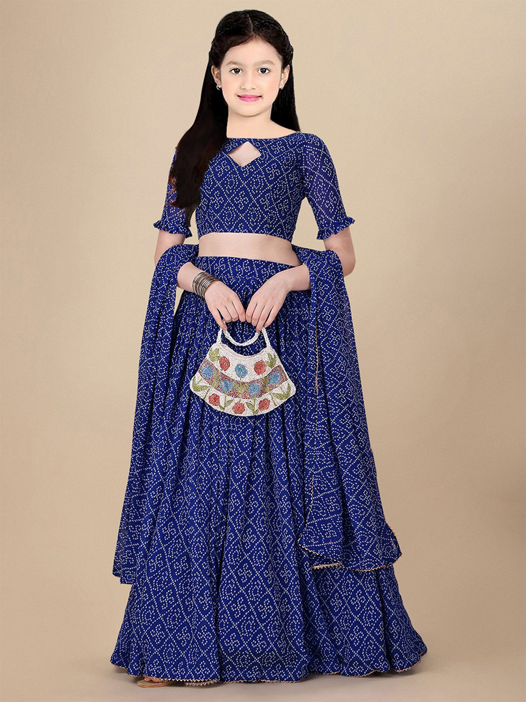 

BAESD Girls Bandhani Printed Semi-Stitched Lehenga & Unstitched Blouse With Dupatta, Blue