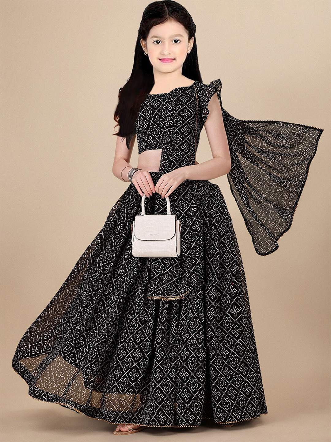 

BAESD Girls Banhdani Printed Silk Georgette Semi Stitched Lehenga & Blouse With Dupatta, Black