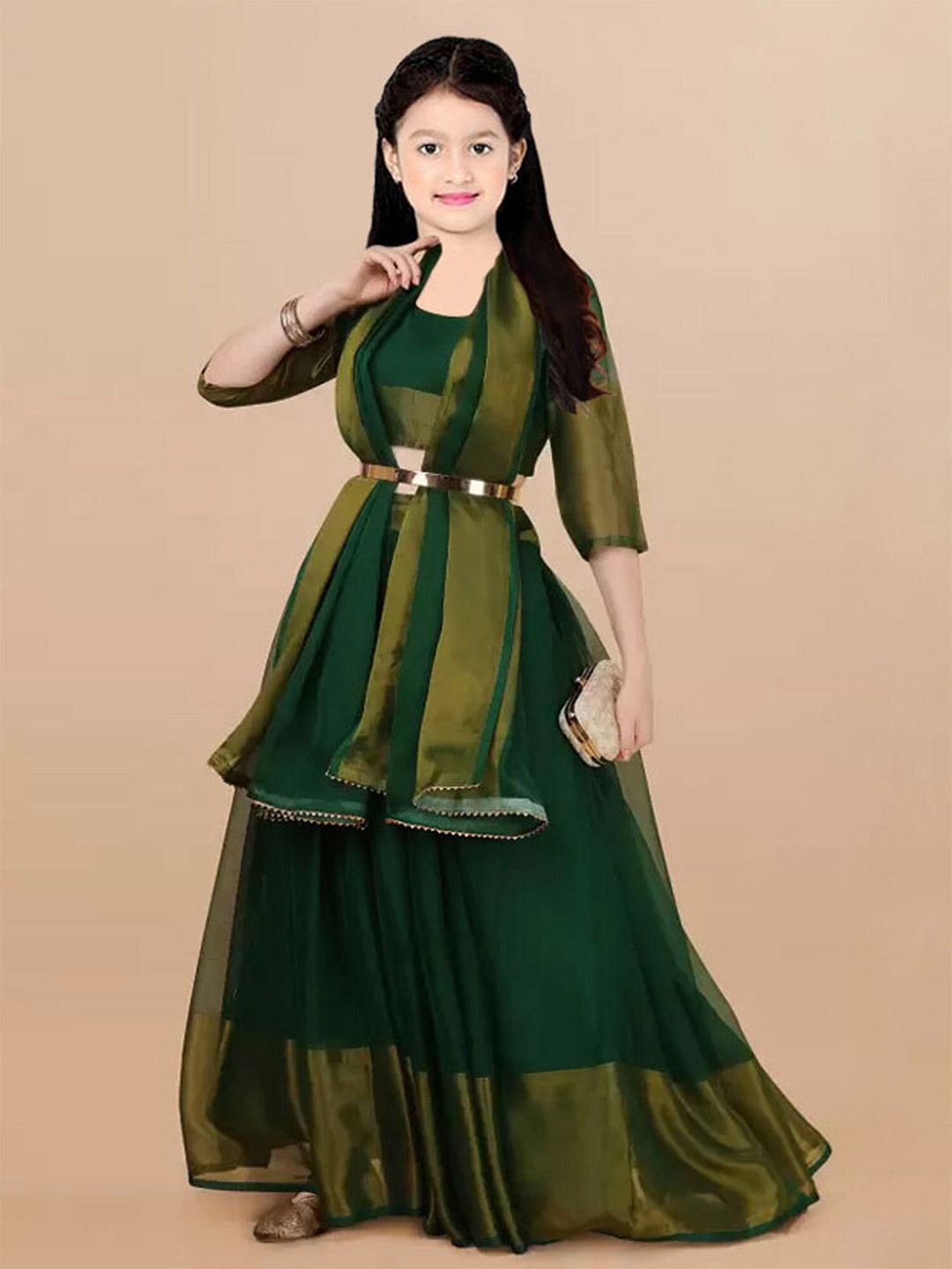 

BAESD Girls Round Neck Semi-Stitched Lehenga & Unstitched Blouse With Dupatta, Green