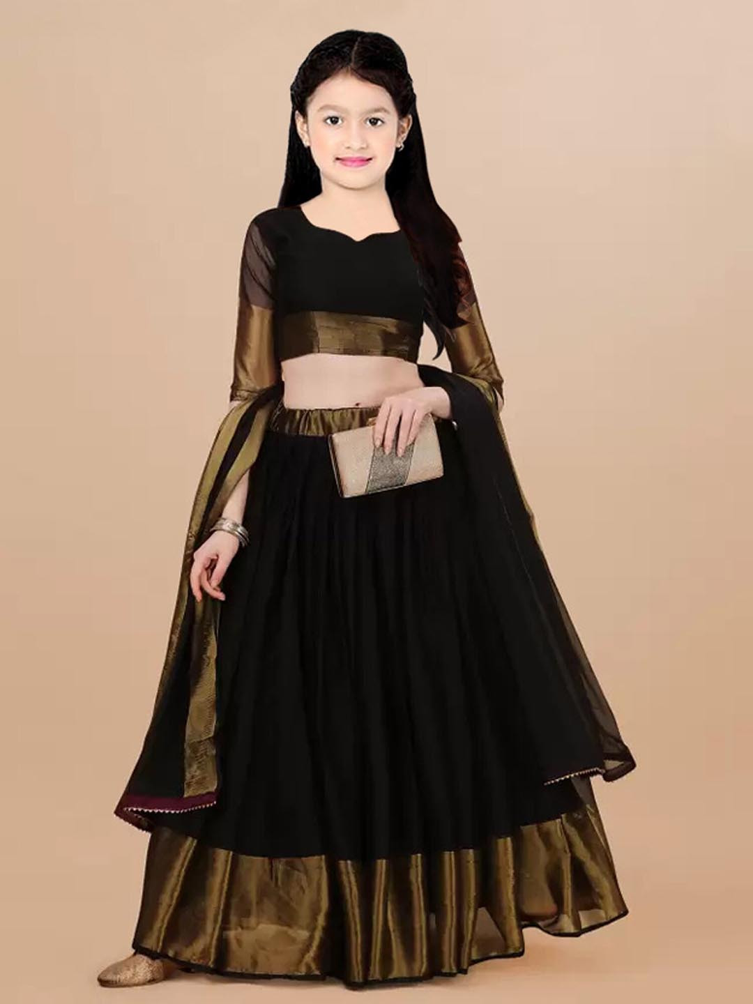 

BAESD Girls Round Neck Semi-Stitched Lehenga & Unstitched Blouse With Dupatta, Black