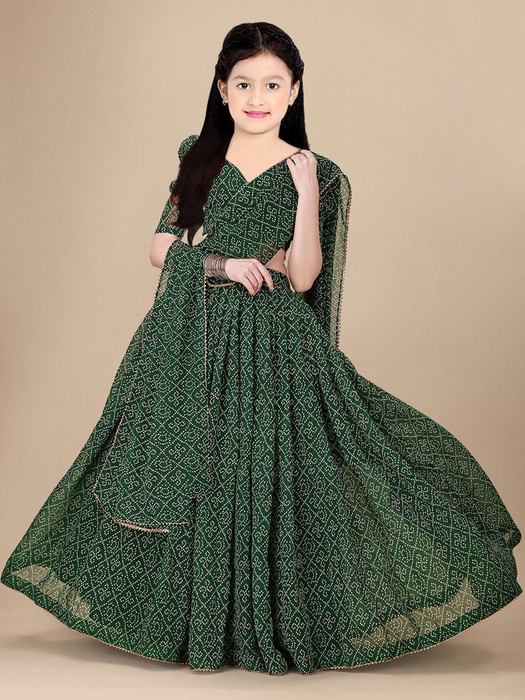 

BAESD Girls Banhdani Printed Silk Georgette Semi Stitched Lehenga & Blouse With Dupatta, Green