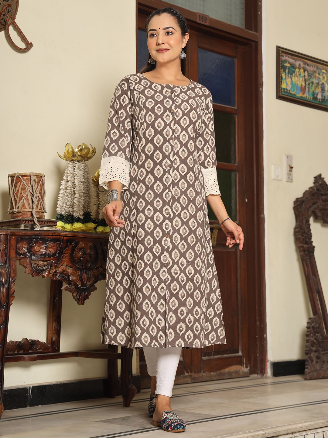 

ZARI Ethnic Motifs Printed A-Line Cotton Kurta, Brown